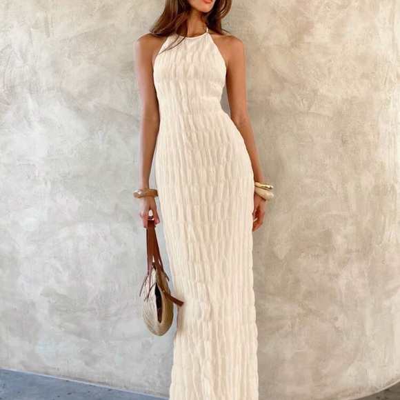 Veloura Halter Maxi Dress Apricot Backless Pleated Elegant Bodycon - Picture 2 of 7